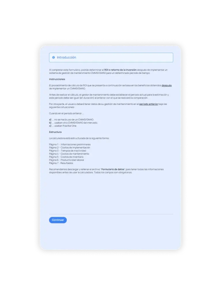 Calculadora para el calculo del retorno de inversión de un sistema CMMS. Página de introducción explicando qué es el roi y cómo calcularlo.