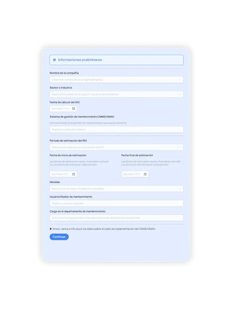 Calculadora para el calculo del retorno de inversión de un sistema CMMS. Página inicial de introducción de datos para el cálculo del ROI de un CMMS.