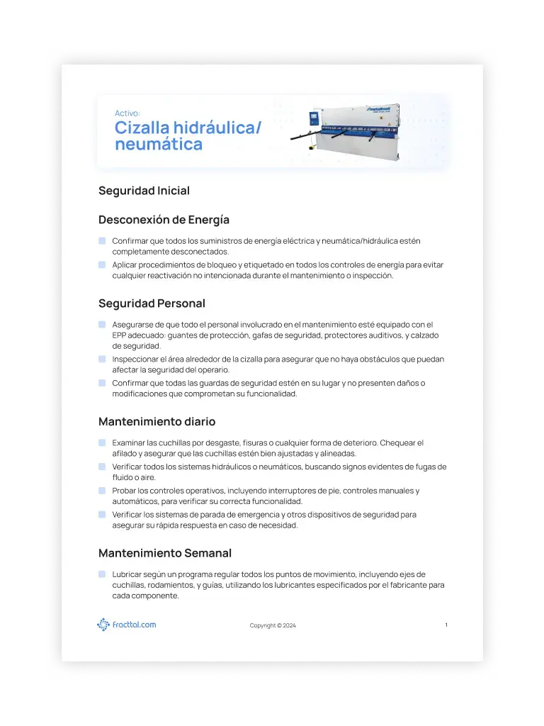 Checklist: Cizalla hidráulica/neumática